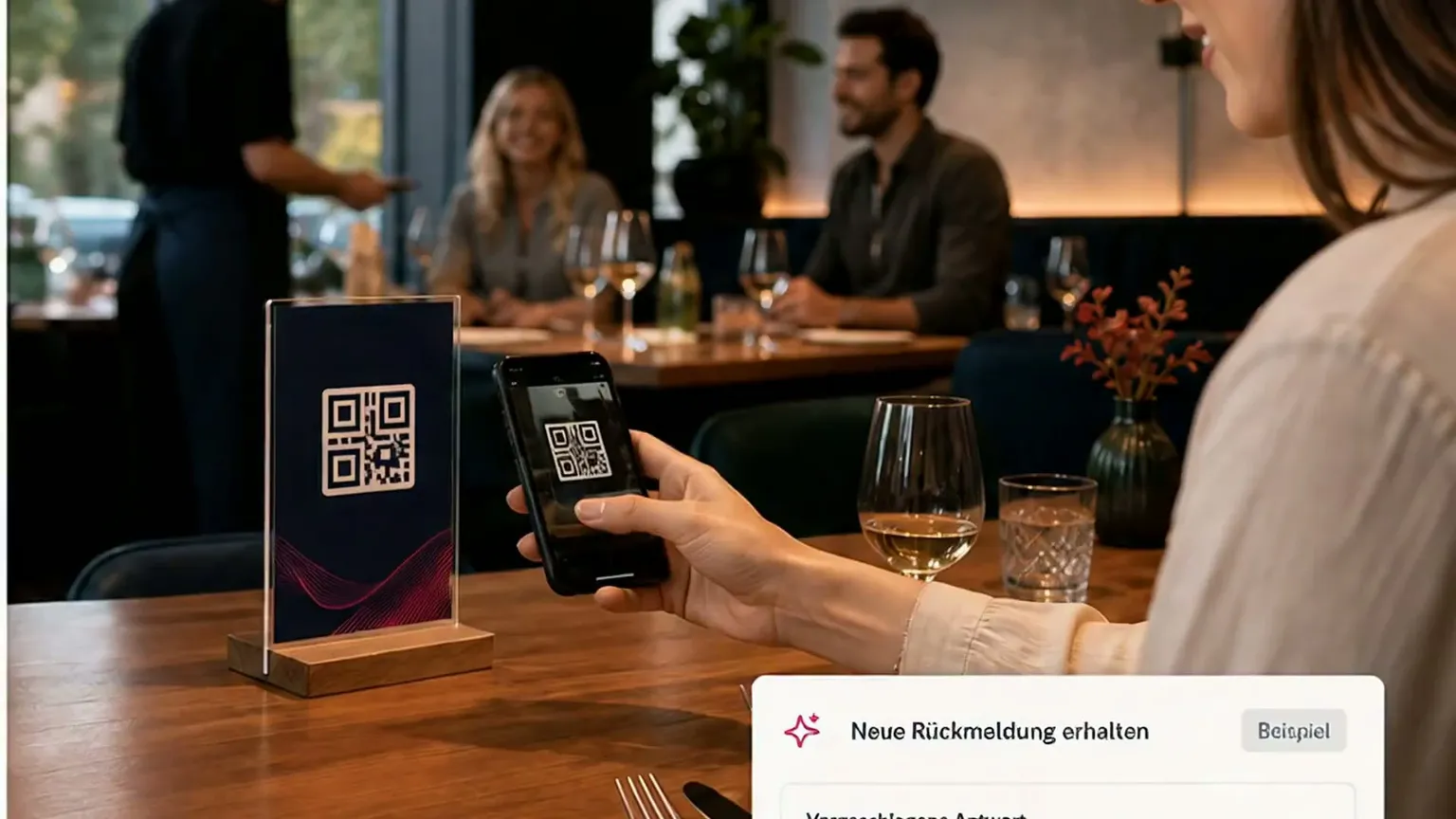Gast scannt einen QR-Aufsteller am Restauranttisch – Anwendungsillustration von Riviyo