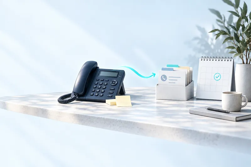 Ein Telefon wird mit geordneten Rückrufnotizen und einem Kalender verbunden.