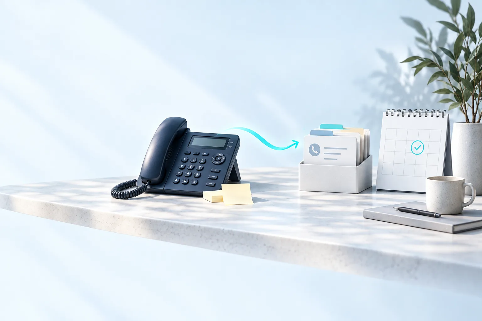Ein Telefon wird mit geordneten Rückrufnotizen und einem Kalender verbunden.
